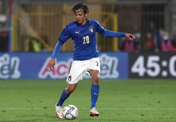 Emanuel Vignato of Italy in action during the 2022 UEFA European Under-21 Championship Qualifier match between Italy and Sweden at Stadio Brianteo on...