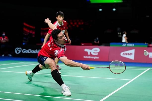 Liu Cheng and Wang Yilyu of China compete in the Men's Double match against Andy Buijk and Brian Wassink of Netherlands during day four of the Thomas...