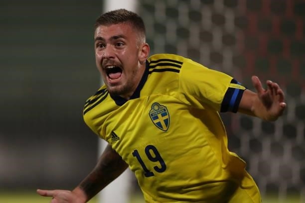 Tim Prica of Sweden celebrates after scoring to level the game at 1-1 during the 2022 UEFA European Under-21 Championship Qualifier match between...