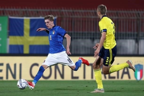 Nicolo’ Rovella of Italy in action during the 2022 UEFA European Under-21 Championship Qualifier match between Italy and Sweden at Stadio Brianteo on...