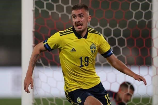 Tim Prica of Sweden celebrates after scoring to level the game at 1-1 during the 2022 UEFA European Under-21 Championship Qualifier match between...