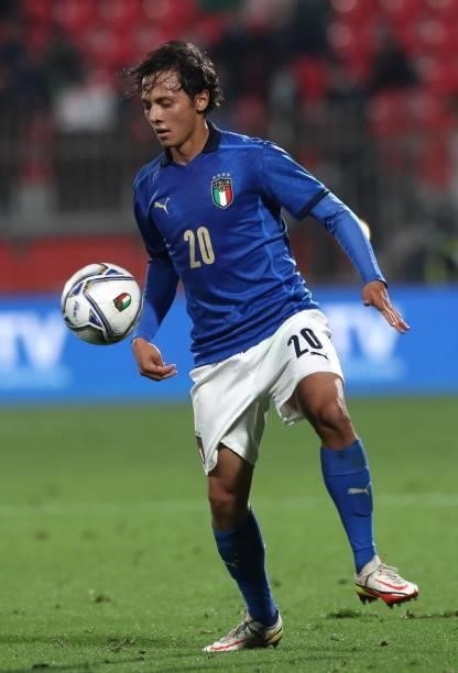 Emanuel Vignato of Italy in action during the 2022 UEFA European Under-21 Championship Qualifier match between Italy and Sweden at Stadio Brianteo on...