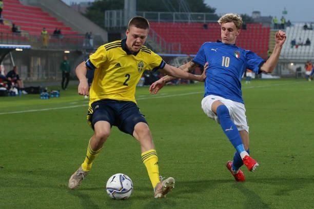 Nicolo Rovella of Italy challenges Emil Holm of Sweden during the 2022 UEFA European Under-21 Championship Qualifier match between Italy and Sweden...