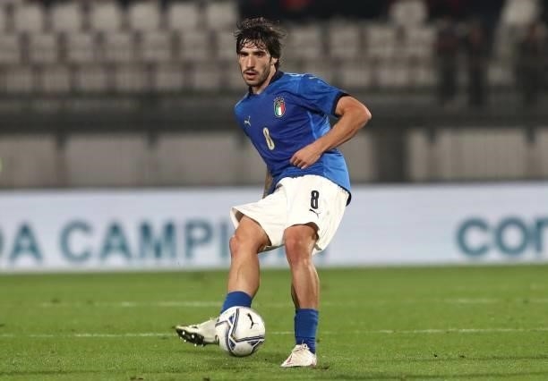 Sandro Tonali of Italy in action during the 2022 UEFA European Under-21 Championship Qualifier match between Italy and Sweden at Stadio Brianteo on...