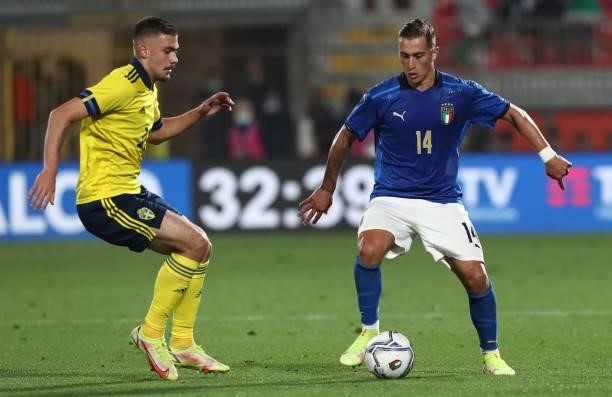 Salvatore Esposito of Italy in action during the 2022 UEFA European Under-21 Championship Qualifier match between Italy and Sweden at Stadio Brianteo...