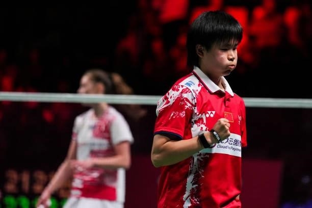 He Bingjiao of China celebrates the victory in the Women's Single match against Line Christophersen of Denmark during day four of the Thomas & Uber...