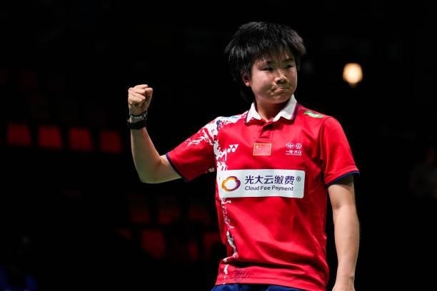 He Bingjiao of China reacts in the Women's Single match against Line Christophersen of Denmark during day four of the Thomas & Uber Cup on October...