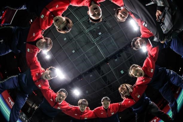 China Team build a circle to cheer before the match against Team Denmark during day four of the Thomas & Uber Cup on October 12, 2021 in Aarhus,...