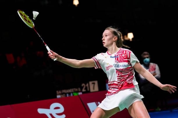 Line Christophersen of Denmark competes in the Women's Single match against He Bingjiao of China during day four of the Thomas & Uber Cup on October...