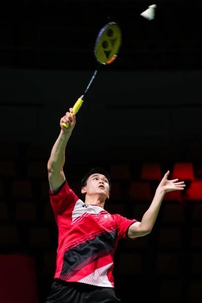 Brian Yang of Canada competes in the Men's Single match against Lee Zii Jia of Malaysia during day four of the Thomas & Uber Cup on October 12, 2021...