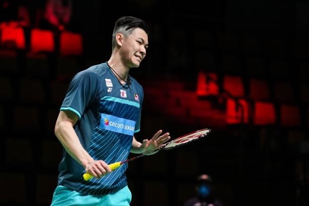 Lee Zii Jia of Malaysia reacts in the Men's Single match against Brian Yang of Canada during day four of the Thomas & Uber Cup on October 12, 2021 in...