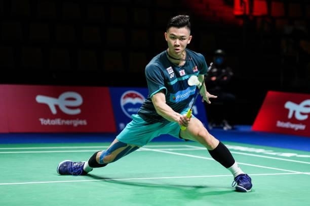 Lee Zii Jia of Malaysia competes in the Men's Single match against Brian Yang of Canada during day four of the Thomas & Uber Cup on October 12, 2021...