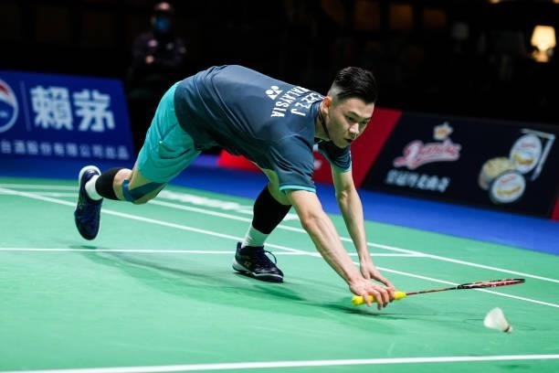 Lee Zii Jia of Malaysia competes in the Men's Single match against Brian Yang of Canada during day four of the Thomas & Uber Cup on October 12, 2021...