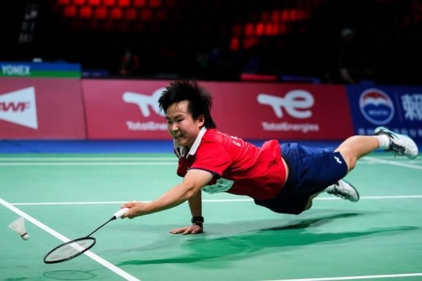 He Bingjiao of China competes in the Women's Single match against Line Christophersen of Denmark during day four of the Thomas & Uber Cup on October...