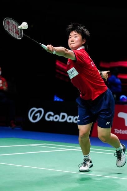 He Bingjiao of China competes in the Women's Single match against Line Christophersen of Denmark during day four of the Thomas & Uber Cup on October...