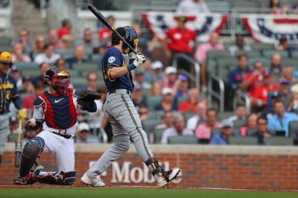 Christian Yelich of the Milwaukee Brewers bats during the first inning against the Atlanta Braves in game four of the National League Division Series...
