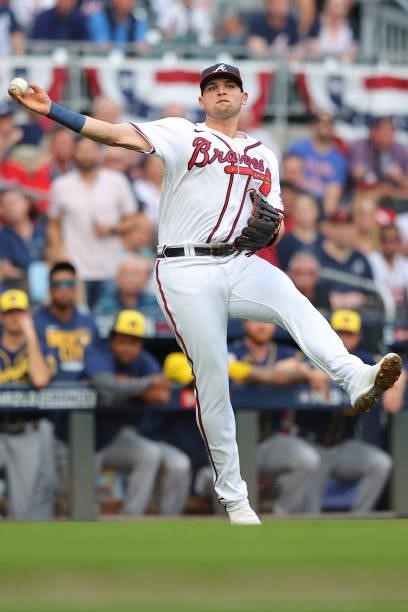 Austin Riley of the Atlanta Braves throws to first during the first inning against the Milwaukee Brewers in game four of the National League Division...