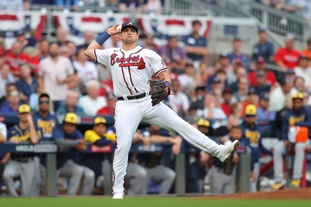 Austin Riley of the Atlanta Braves throws to first during the first inning against the Milwaukee Brewers in game four of the National League Division...