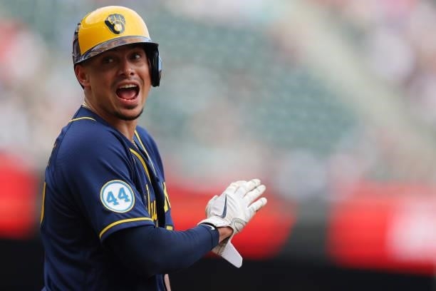 Willy Adames of the Milwaukee Brewers reacts to the bench during the first inning against the Atlanta Braves in game 4 of the National League...