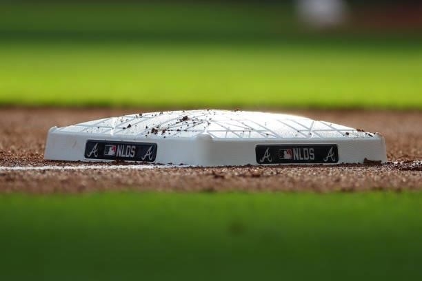 Detail shot of the base during game four of the National League Division Series between the Atlanta Braves and the Milwaukee Brewers at Truist Park...