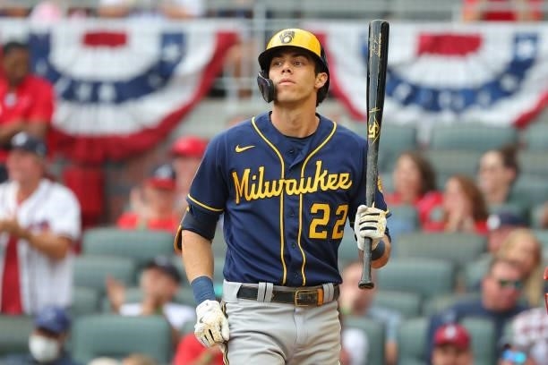 Christian Yelich of the Milwaukee Brewers bats during the second inning against the Atlanta Braves in game four of the National League Division...