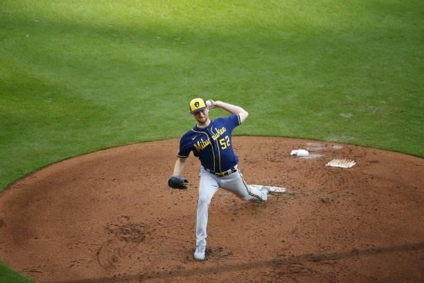 Eric Lauer of the Milwaukee Brewers delivers during the first inning against the Atlanta Braves in game four of the National League Division Series...