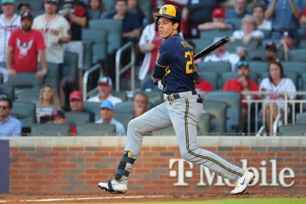 Christian Yelich of the Milwaukee Brewers grounds out during the third inning against the Atlanta Braves in game four of the National League Division...