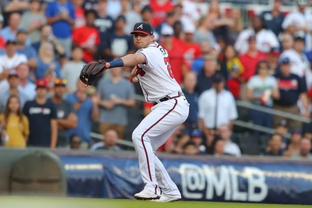 Austin Riley of the Atlanta Braves throws to first during the third inning against the Milwaukee Brewers in game four of the National League Division...