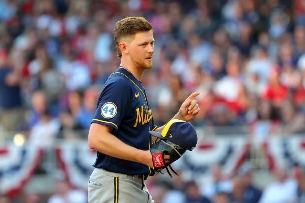 Eric Lauer of the Milwaukee Brewers gestures to the bench during the third inning against the Atlanta Braves in game four of the National League...