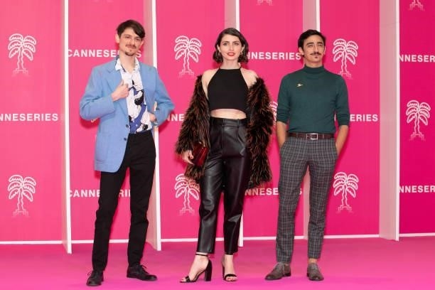 Andres Proano Mattioli, Dana Crosa and Mariano Pozzi attend the 4th Canneseries Festival - Day Five on October 12, 2021 in Cannes, France.