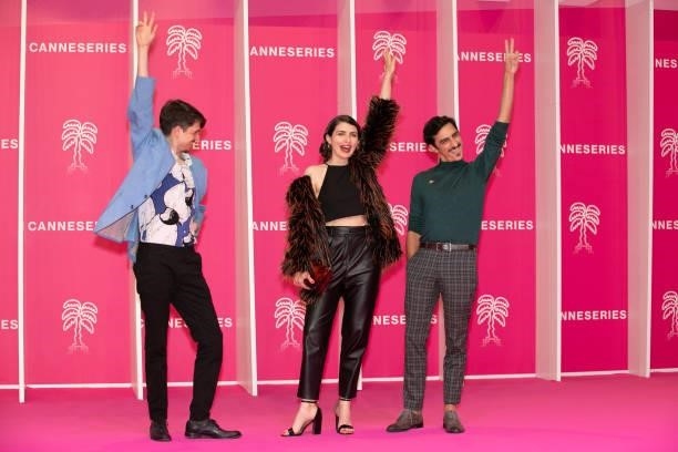 Andres Proano Mattioli, Dana Crosa and Mariano Pozzi attend the 4th Canneseries Festival - Day Five on October 12, 2021 in Cannes, France.