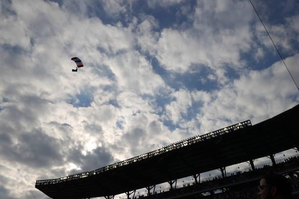 Paratrooper is seen prior to the start of game 4 of the National League Division Series between the Atlanta Braves and the Milwaukee Brewers at...
