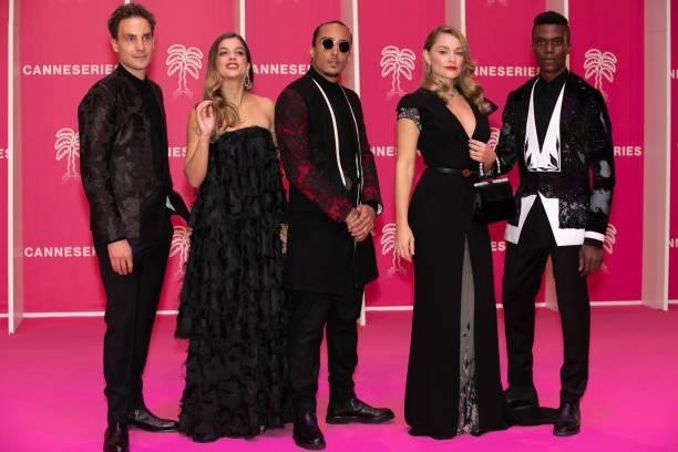 Marc Arnaud, Anais Parello, Marvin Gofin, Joy Esther and a guest attend the 4th Canneseries Festival - Day Five on October 12, 2021 in Cannes, France.