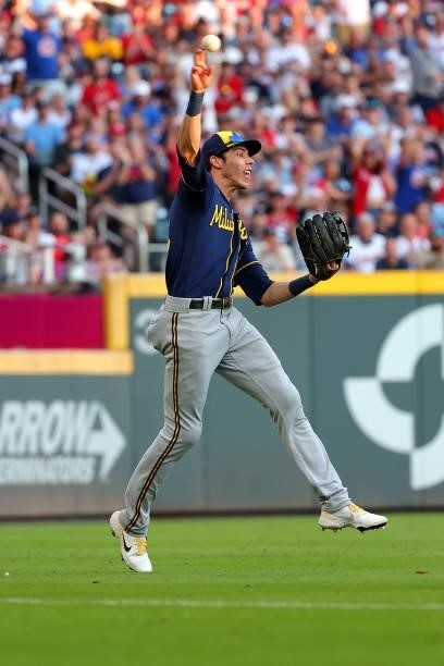 Christian Yelich of the Milwaukee Brewers throws to second during the third inning against the Atlanta Braves in game four of the National League...