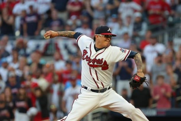 Jesse Chavez of the Atlanta Braves delivers during the fourth inning against the Milwaukee Brewers in game four of the National League Division...