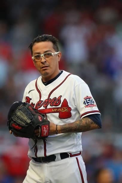 Jesse Chavez of the Atlanta Braves reacts during the fourth inning against the Milwaukee Brewers in game four of the National League Division Series...