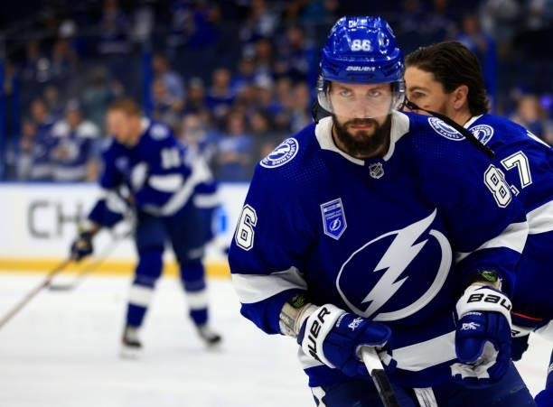 Nikita Kucherov of the Tampa Bay Lightning warms up during a game against the Pittsburgh Penguins at Amalie Arena on October 12, 2021 in Tampa,...