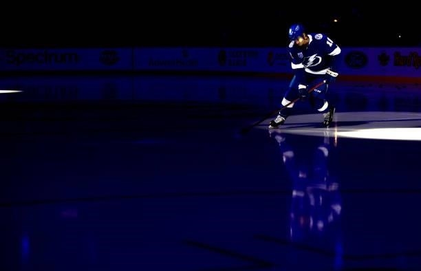 Taylor Raddysh of the Tampa Bay Lightning warms up during a game against the Pittsburgh Penguins at Amalie Arena on October 12, 2021 in Tampa,...