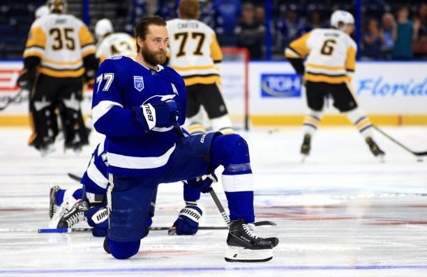 Victor Hedman of the Tampa Bay Lightning warms up during a game against the Pittsburgh Penguins at Amalie Arena on October 12, 2021 in Tampa, Florida.