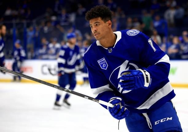 Mathieu Joseph of the Tampa Bay Lightning warms up during a game against the Pittsburgh Penguins at Amalie Arena on October 12, 2021 in Tampa,...
