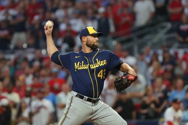 Hunter Strickland of the Milwaukee Brewers delivers during the fourth inning against the Atlanta Braves in game four of the National League Division...