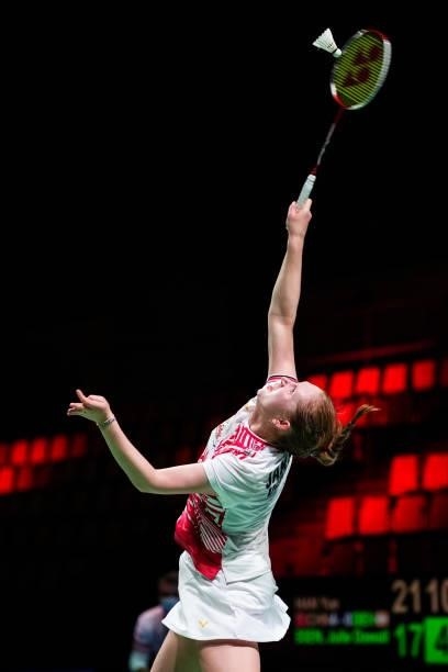 Julie Dawall Jakobsen of Denmark competes in the Women's Single match against Han Yue of China during day four of the Thomas & Uber Cup on October...