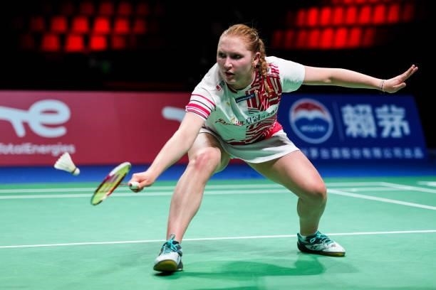 Julie Dawall Jakobsen of Denmark competes in the Women's Single match against Han Yue of China during day four of the Thomas & Uber Cup on October...