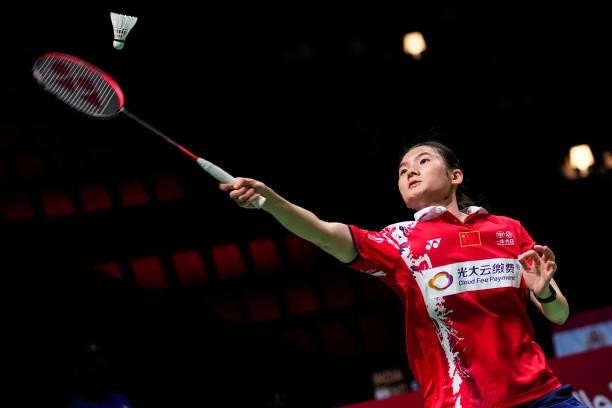 Han Yue of China competes in the Women's Single match against Julie Dawall Jakobsen of Denmark during day four of the Thomas & Uber Cup on October...