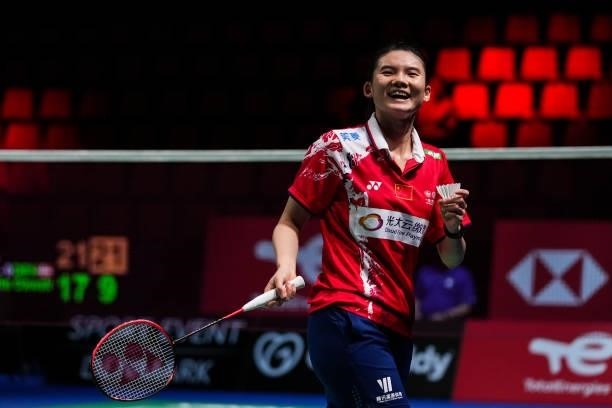 Han Yue of China celebrates the victory in the Women's Single match against Julie Dawall Jakobsen of Denmark during day four of the Thomas & Uber Cup...