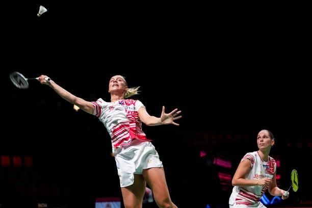 Alexandra Boje and Mette Poulsen of Denmark compete in the Women's Double match against Huang Dongping and Li Wenmei of China during day four of the...