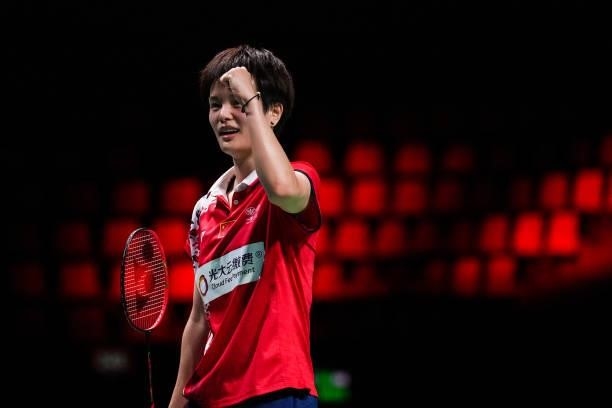 Wang Zhiyi of China celebrates the victory in the Women's Single match against Line Hojmark Kjaersfeldt of Denmark during day four of the Thomas &...