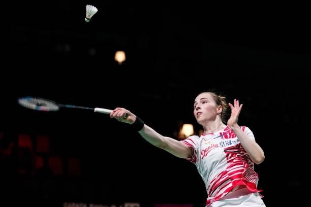 Line Hojmark Kjaersfeldt of Denmark competes in the Women's Single match against Wang Zhiyi of China during day four of the Thomas & Uber Cup on...