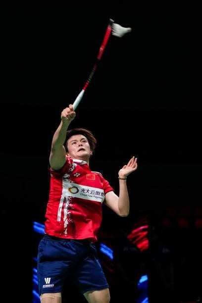 Wang Zhiyi of China competes in the Women's Single match against Line Hojmark Kjaersfeldt of Denmark during day four of the Thomas & Uber Cup on...