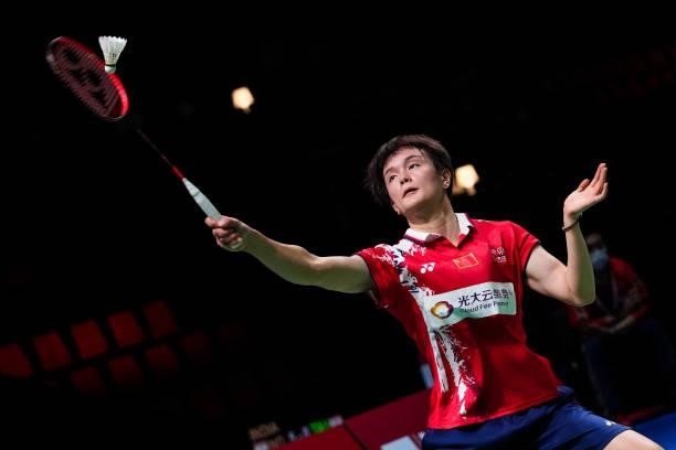 Wang Zhiyi of China competes in the Women's Single match against Line Hojmark Kjaersfeldt of Denmark during day four of the Thomas & Uber Cup on...